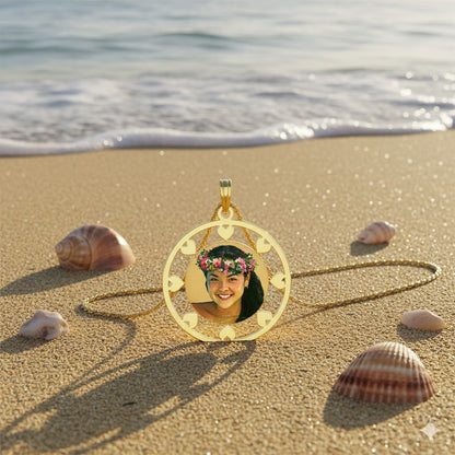 Customizable Picture Pendant - 14K Gold Circle Shape with Hearts Cut Out for Personalized Photo Charm and HD Laser Printed Custom Jewelry