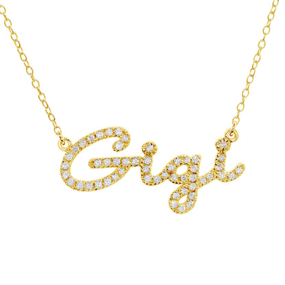 Custom Script Text Name Pendant with Diamonds in 14K Gold Setting