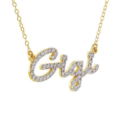 Custom Script Text Name Pendant with Diamonds in 14K Gold Setting