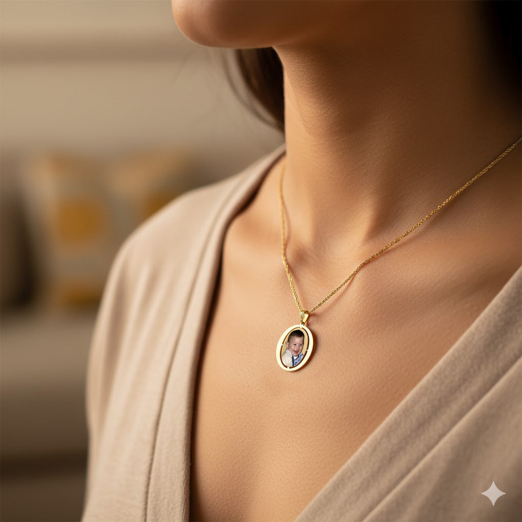 Round Picture Pendant - 14K Gold Circle Shape with Oval Cut Out for Personalized Photo Charm