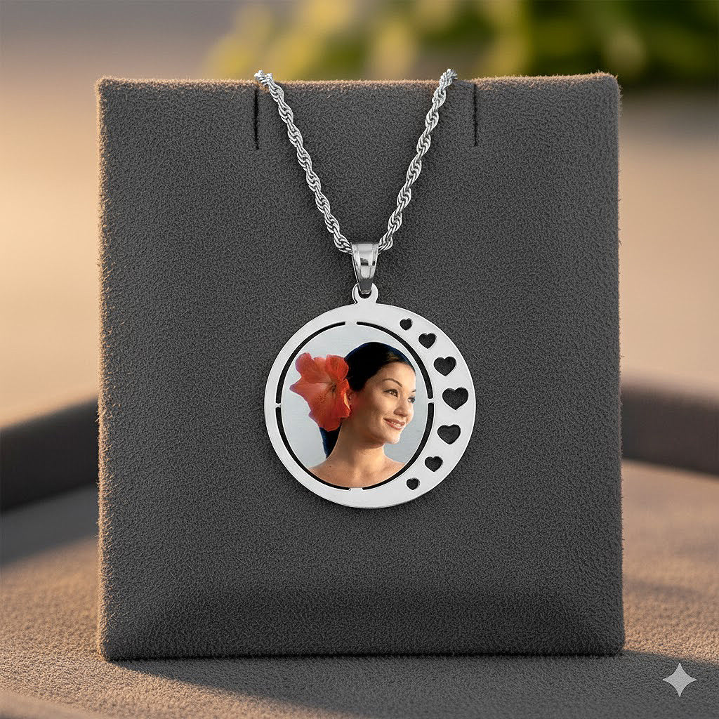 Round Picture Pendant 14K Gold with Hearts Punch Out - Personalized Custom Jewelry with Your Pictures