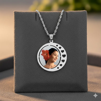 Round Picture Pendant 14K Gold with Hearts Punch Out - Personalized Custom Jewelry with Your Pictures