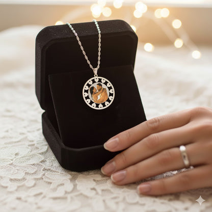 Customizable Picture Pendant - 14K Gold Circle Shape with Hearts Cut Out for Personalized Photo Charm and HD Laser Printed Custom Jewelry