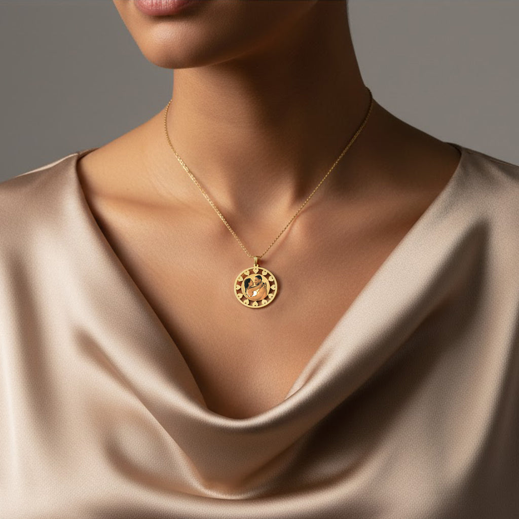 Customizable Picture Pendant - 14K Gold Circle Shape with Hearts Cut Out for Personalized Photo Charm and HD Laser Printed Custom Jewelry