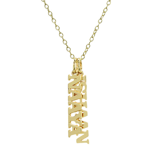 Vertical Name Pendant with Block Text in High Polished 14K Gold