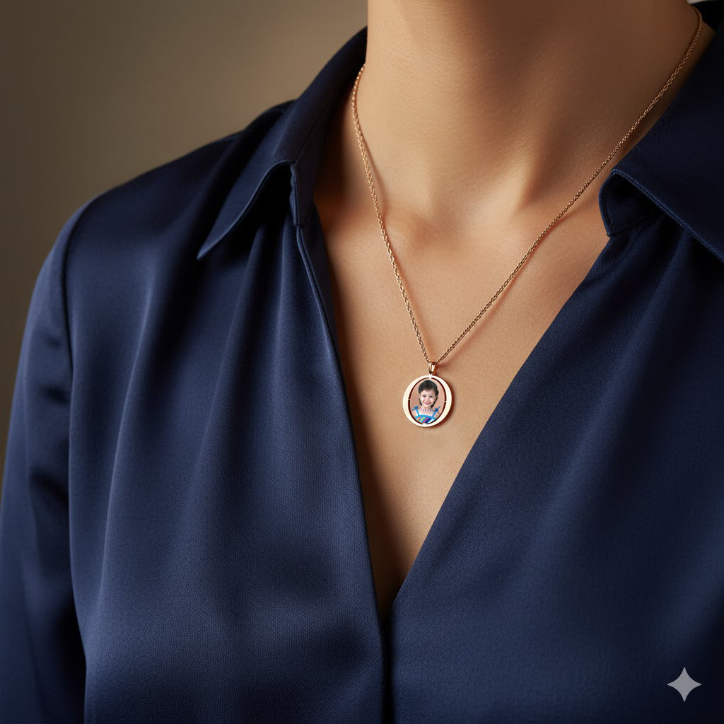 Round Picture Pendant - 14K Gold Circle Shape with Oval Cut Out for Personalized Photo Charm