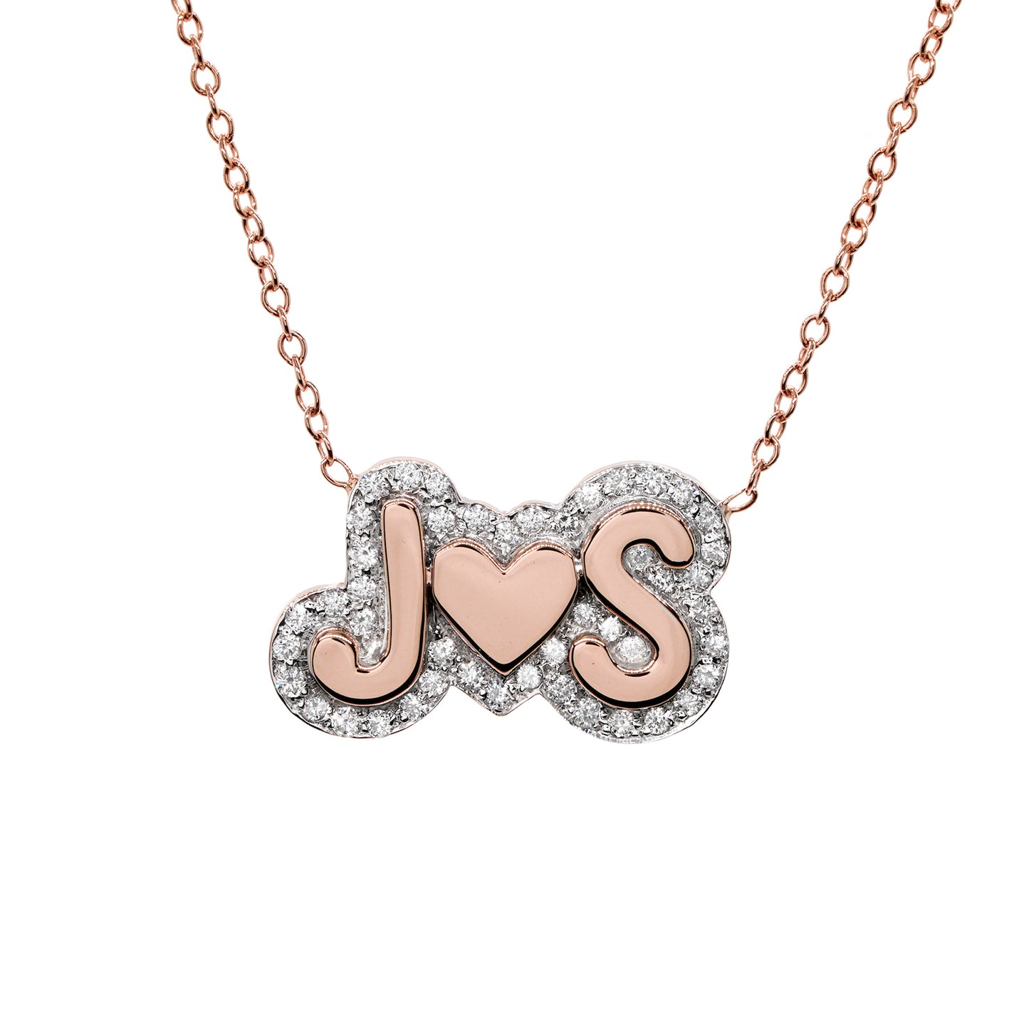 Double Initial with Heart Charm Necklace with around 0.40ct in Diamonds and 14K Gold