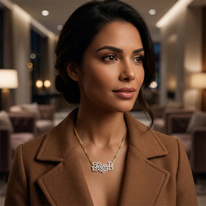 75 Diamonds and 14K Gold Double Name Plate Necklace with Curb Chain  | Script Text