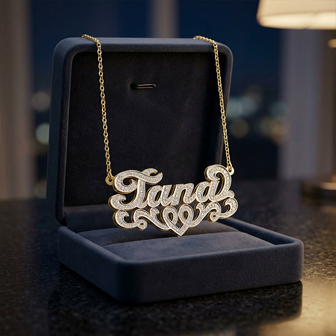 75 Diamonds and 14K Gold Double Name Plate Necklace with Curb Chain  | Script Text