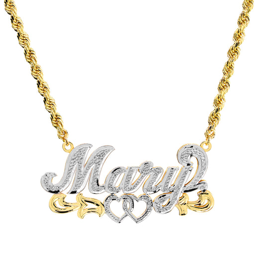 Rhodium Sparkle Nameplate with Double Hearts and Rope Chain in 14K Gold