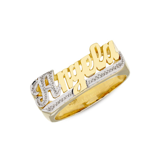 Rhodium Sparkle Design on Custom Nameplate Ring in 14K High Polished Gold