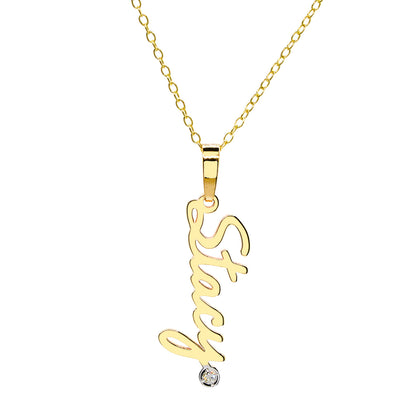Personalized Vertical Name Pendant with Diamond in High Polished 14K Gold