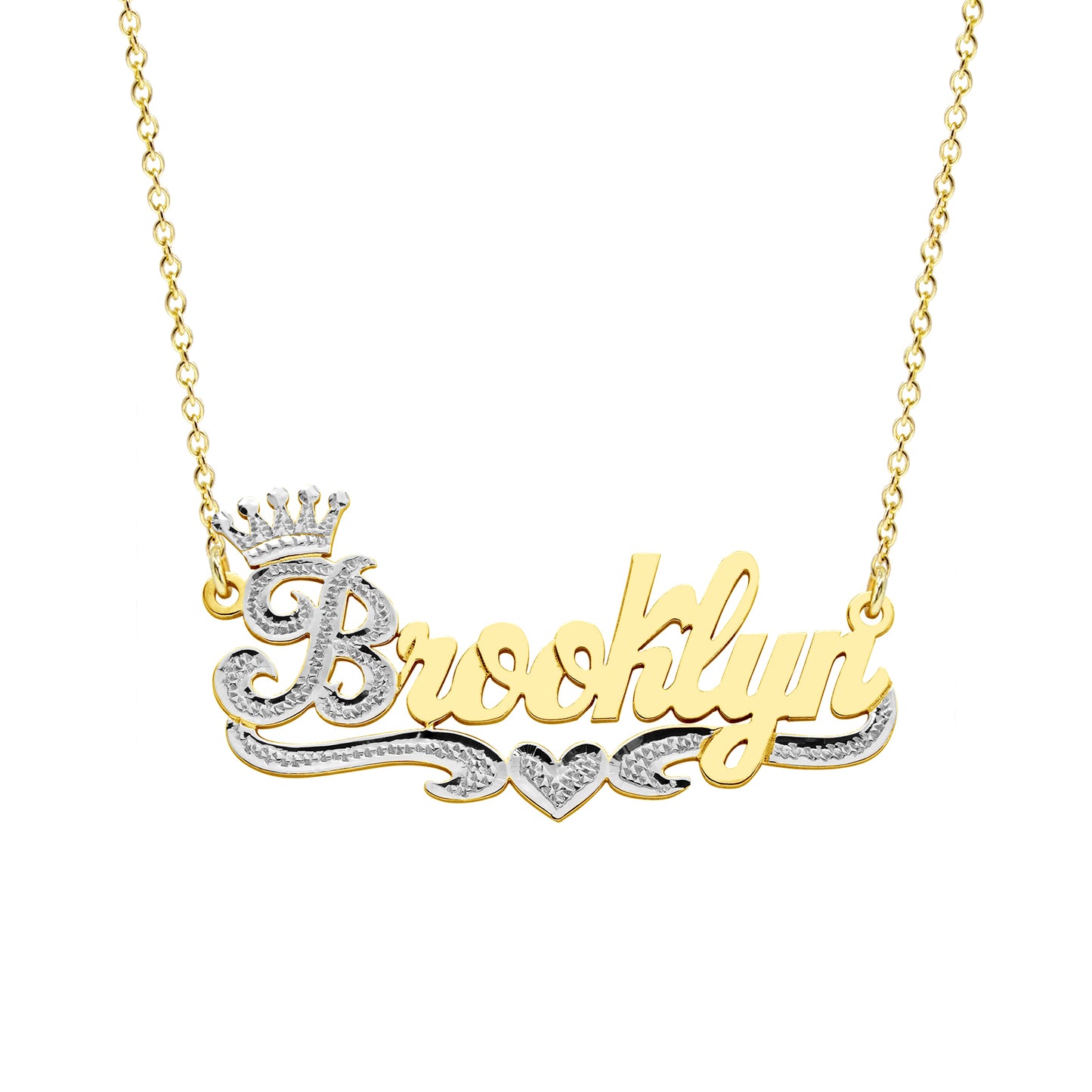 Crowned Nameplate Pendant Necklace with Rhodium Sparkle on High Polished 14K Gold