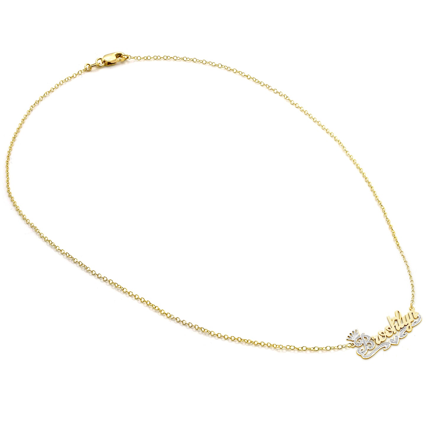 Crowned Nameplate Pendant Necklace with Rhodium Sparkle on High Polished 14K Gold