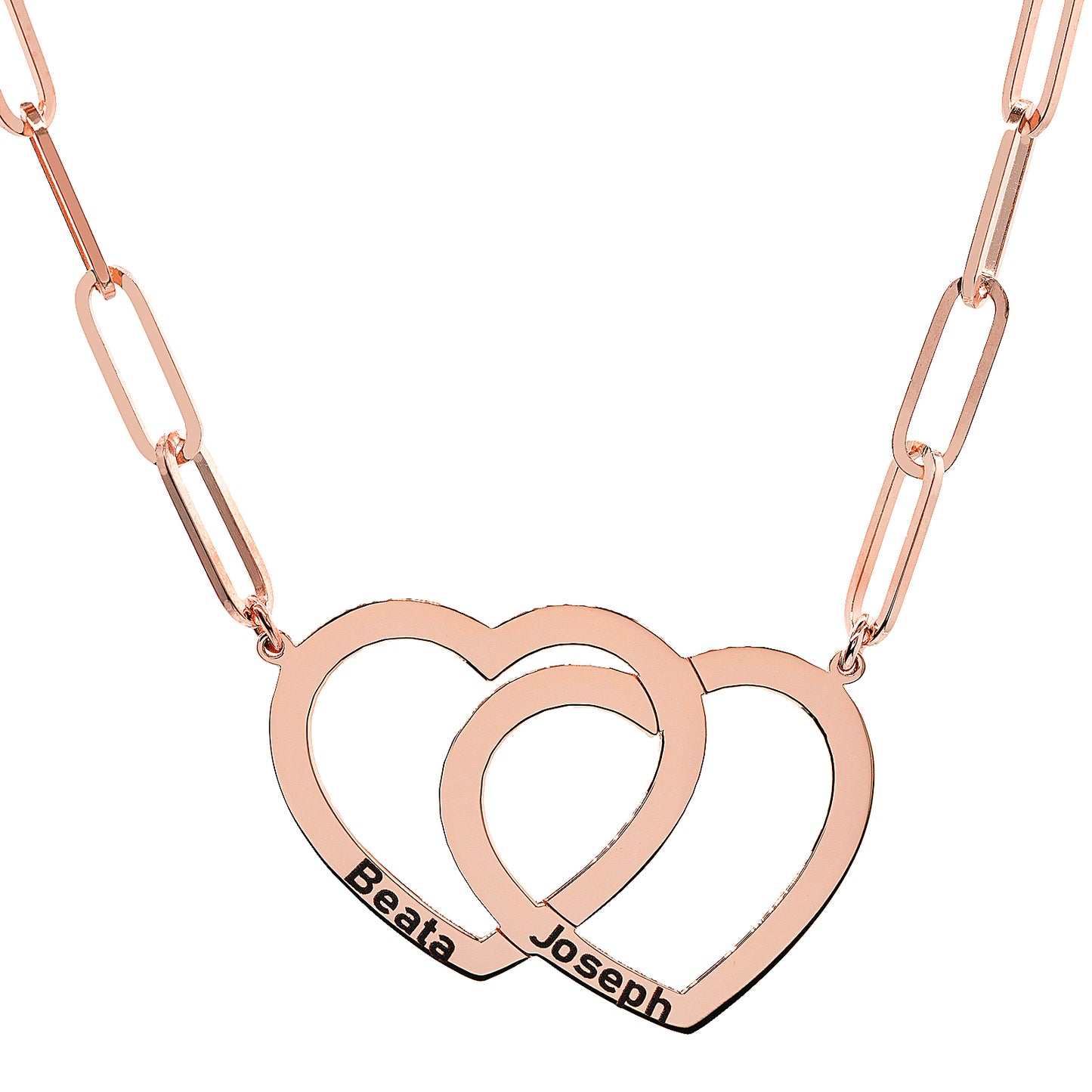 Interlocking Hearts Necklace in 14K Gold Paperclip Chain | Engravable