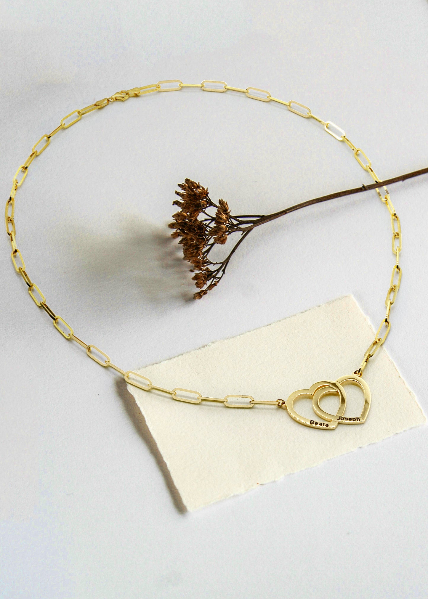 Interlocking Hearts Necklace in 14K Gold Paperclip Chain | Engravable