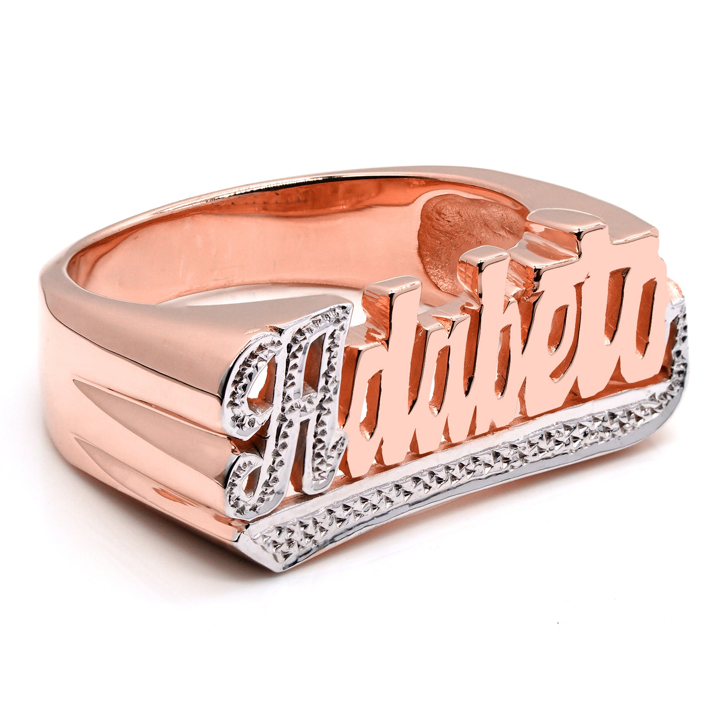 Custom Name Ring in 14K Gold with Rhodium Sparkle