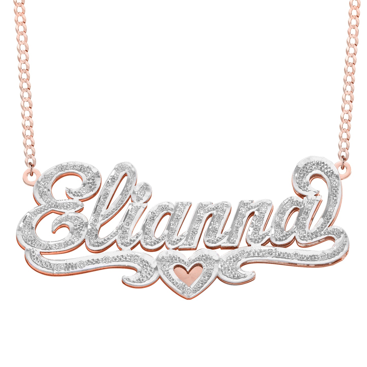 Double Layer Nameplate Necklace with Heart Design and Diamonds and 14K Gold | 2.25 Inches