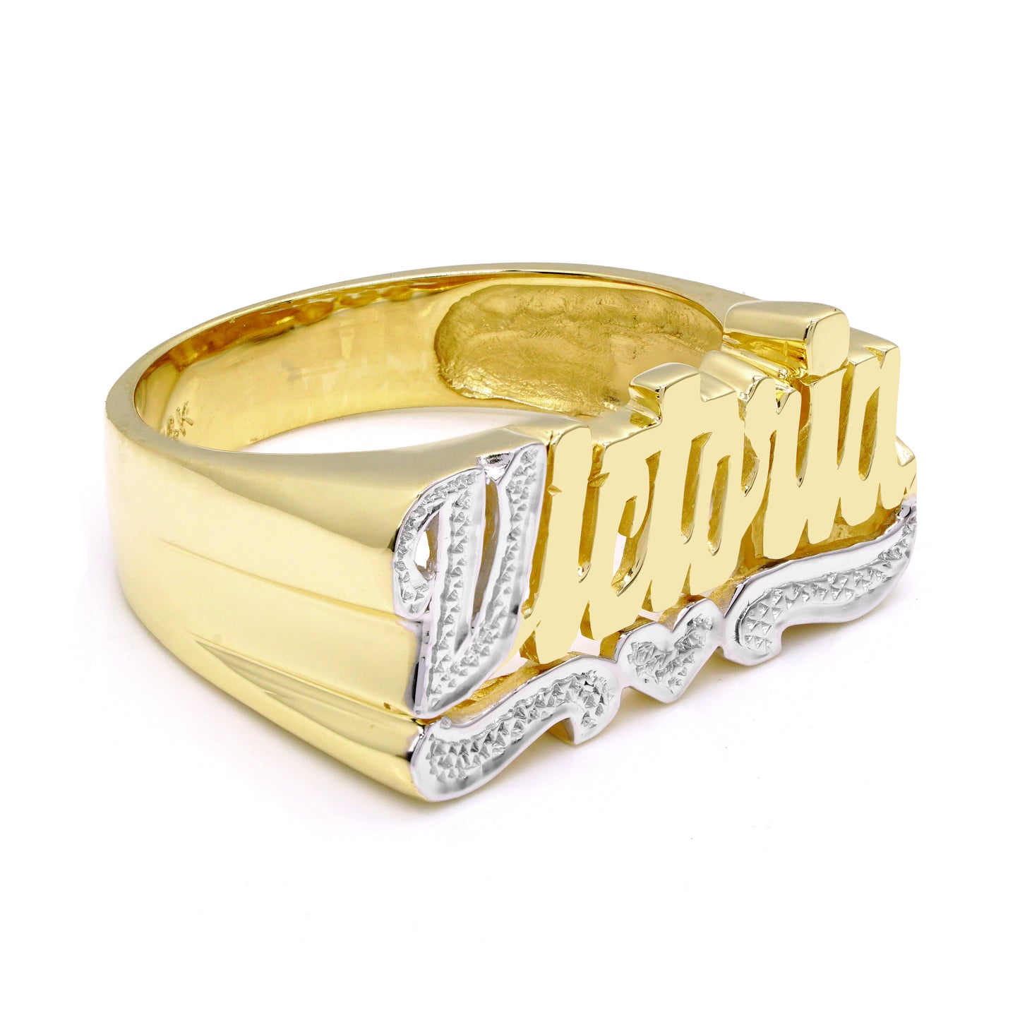 14K Gold Nameplate Ring with Rhodium Sparkled First Letter and Heart and Tail