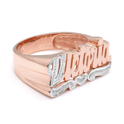 14K Gold Nameplate Ring with Rhodium Sparkled First Letter and Heart and Tail