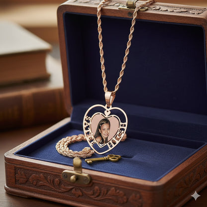 Customizable Picture Pendant - 14K Gold Cut Out Heart Shape with Names for Personalized Photo Charm