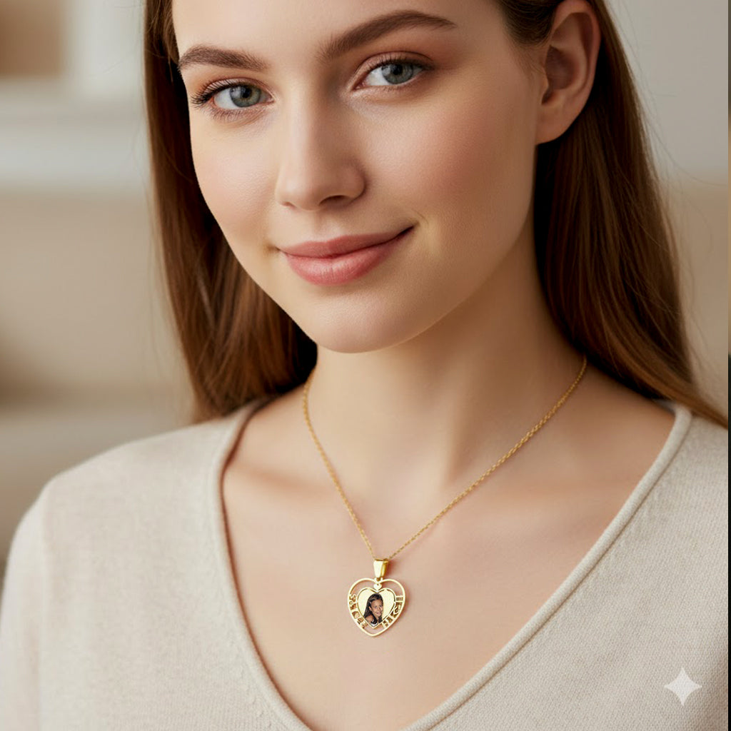 Customizable Picture Pendant - 14K Gold Cut Out Heart Shape with Names for Personalized Photo Charm