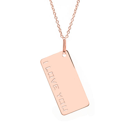 I Love You Dog Tag Pendant in High Polished 14K Gold | Punched Out Block Text