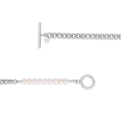 Sterling Silver and Pearl Curb Chain Bracelet with Toggle Clasp