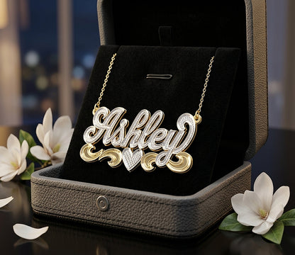 All Rhodium Sparkle 14K Gold Custom Shadow Box Name Plate | Heart Design