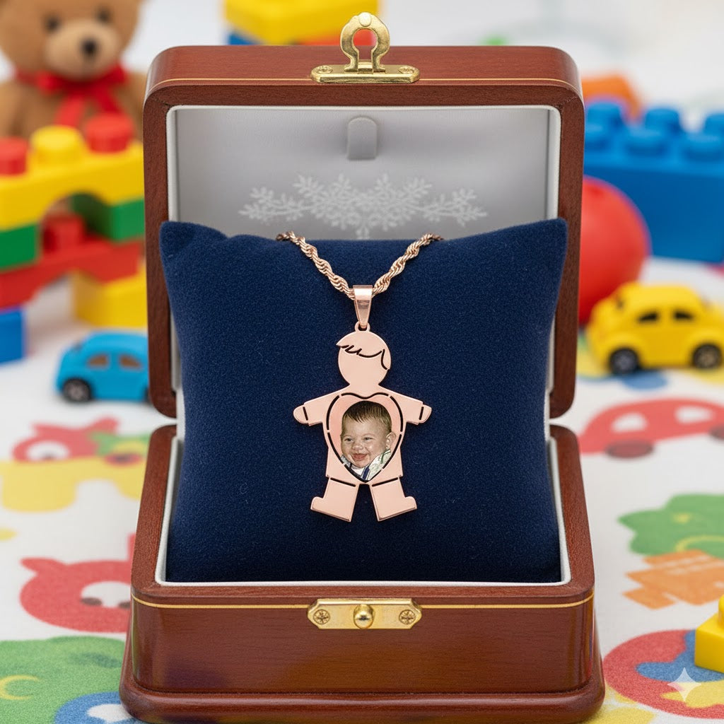 14K Gold Baby Boy Picture Pendant with Heart Cut-Out - Personalized Custom Jewelry with Your Pictures