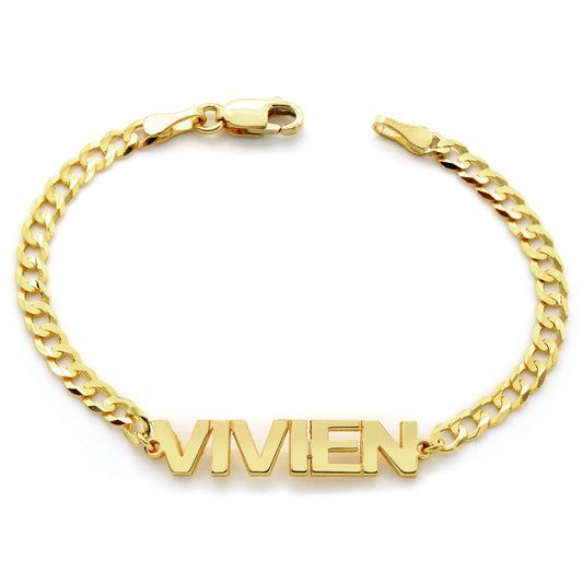 Custom Block Text Name Bracelet in High Polished 14K Gold with Curb Chain