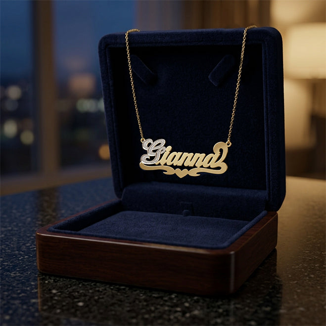 Bespoke 14K Gold Name Necklace with Diamonds on First Letter