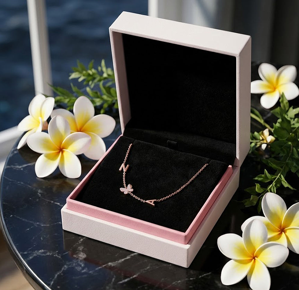 Butterfly Necklace with Custom Initials in 14K Gold Necklace | 6mm