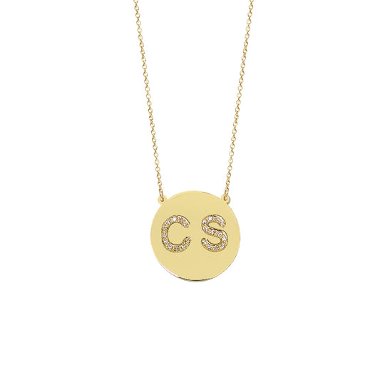 14K Gold Disc and Diamond Pendant Necklace | Customizable 2 Initial Monogram
