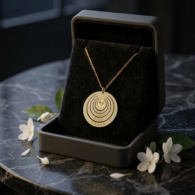 Circle Disk Pendant with Engraved Names with Mom in the Center