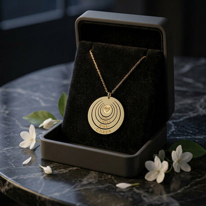 Circle Disk Pendant with Engraved Names with Mom in the Center