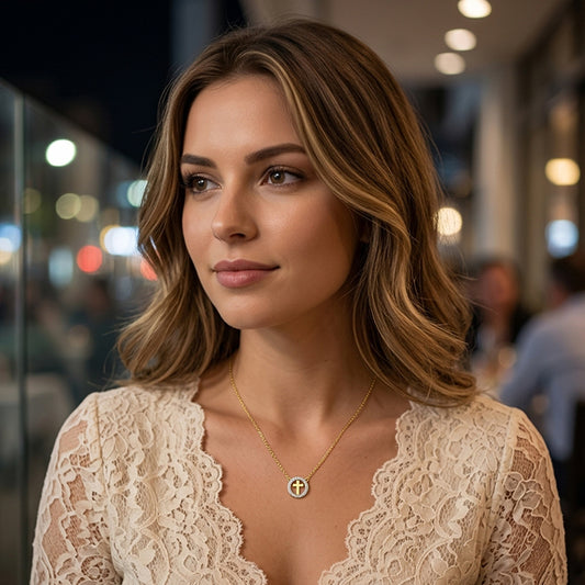 Cross with Diamond Halo Pendant Charm Necklace in 14K Gold