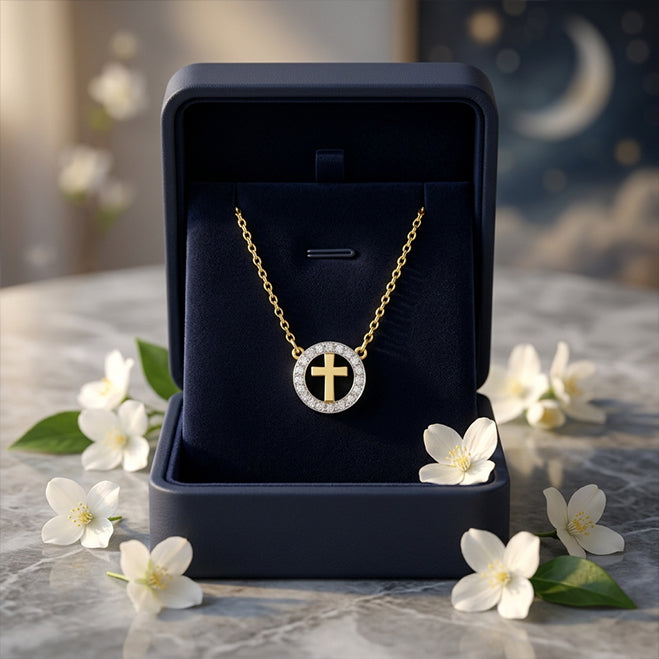 Cross with Diamond Halo Pendant Charm Necklace in 14K Gold