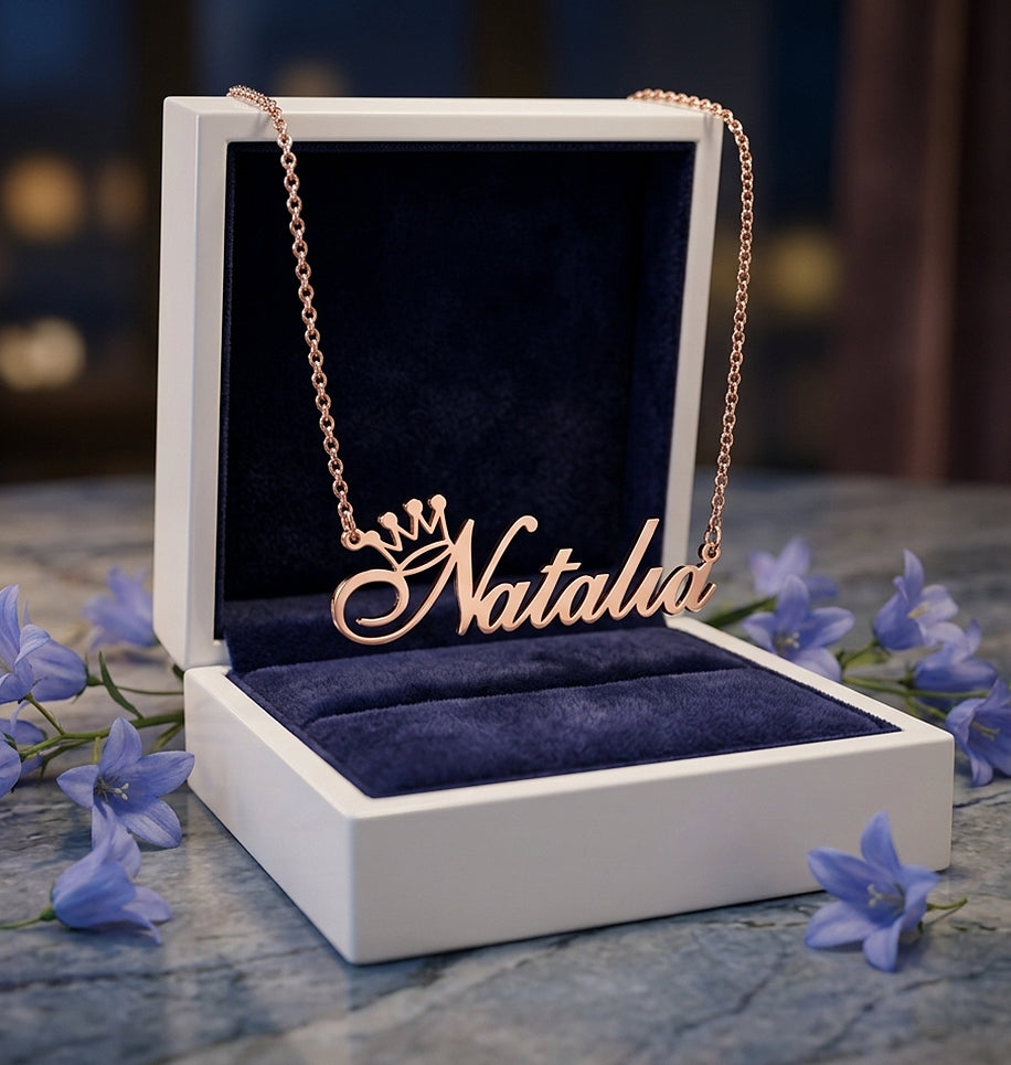 Crowned Name in Fancy Script Pendant Necklace in 14K Gold