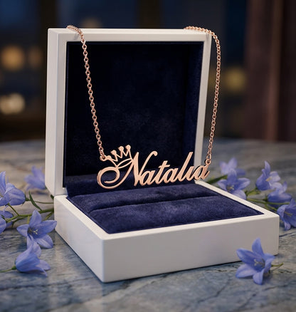 Crowned Name in Fancy Script Pendant Necklace in 14K Gold