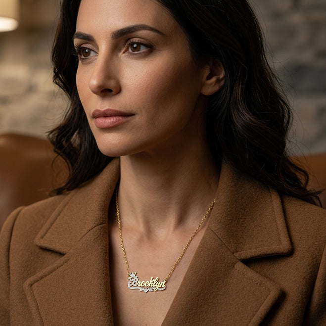Crowned Nameplate Pendant Necklace with Rhodium Sparkle on High Polished 14K Gold
