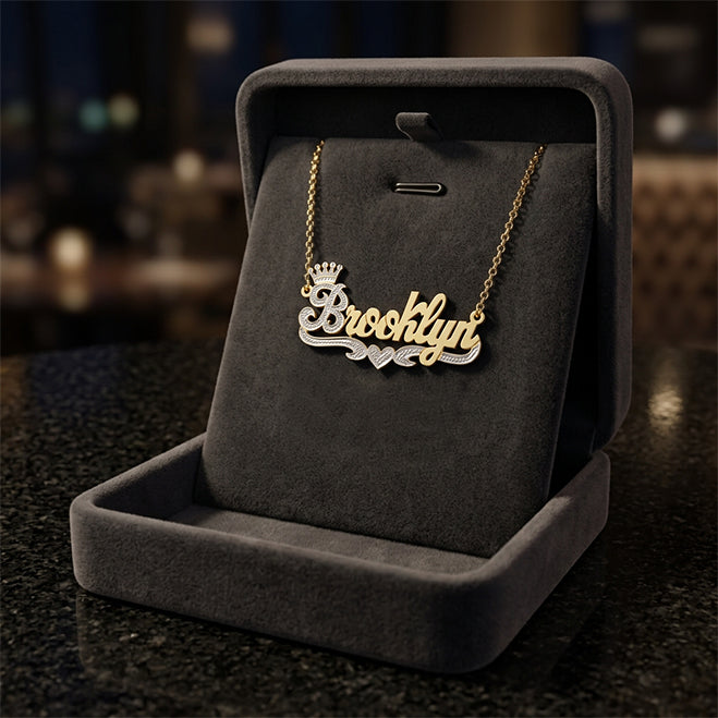 Crowned Nameplate Pendant Necklace with Rhodium Sparkle on High Polished 14K Gold
