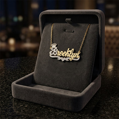 Crowned Nameplate Pendant Necklace with Rhodium Sparkle on High Polished 14K Gold