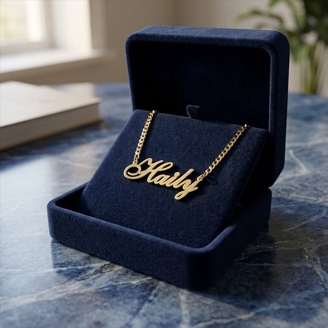 Curb Chain Name Pendant Necklace in High Polished 14K Gold