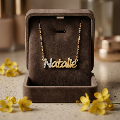Custom 14K Gold Block Name Necklace with First Initial in Diamonds