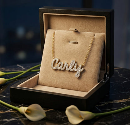 Custom 14K Gold Diamond Nameplate Necklace in Freestyle Script