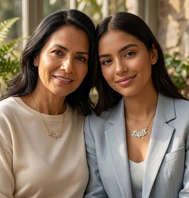 Custom 14K Gold Double Plate Name Necklace with Diamond Sparkle