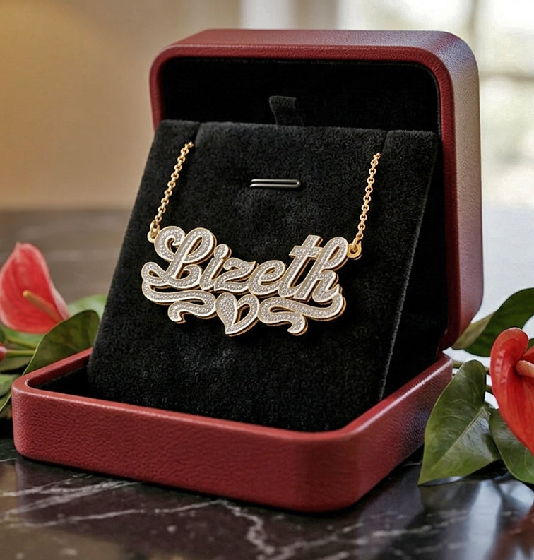 Custom 14K Gold Double Plate Name Necklace with Diamond Sparkle