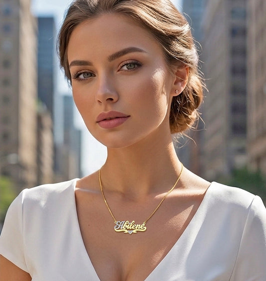 Custom 14K Gold Name Plate Necklace with Diamonds | Double Plate