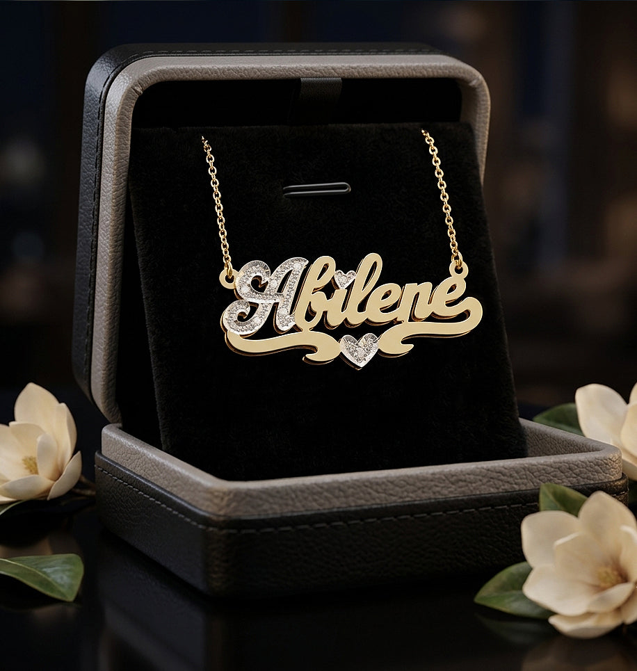 Custom 14K Gold Name Plate Necklace with Diamonds | Double Plate